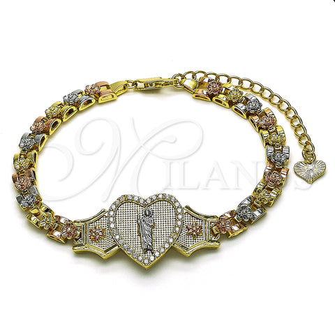 Oro Laminado Fancy Bracelet, Gold Filled Style San Judas and Heart Design, with White Micro Pave, Polished, Tricolor, 03.253.0084.07 (06 MM Thickness, 7 Inches Length)