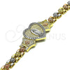 Oro Laminado Fancy Bracelet, Gold Filled Style Guadalupe and Heart Design, with White Micro Pave, Polished, Tricolor, 03.253.0085.07 (06 MM Thickness, 7 Inches Length)