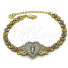 Oro Laminado Fancy Bracelet, Gold Filled Style Guadalupe and Heart Design, with White Micro Pave, Polished, Tricolor, 03.253.0085.07 (06 MM Thickness, 7 Inches Length)