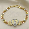 Oro Laminado Fancy Bracelet, Gold Filled Style Guadalupe and Heart Design, with White Micro Pave, Polished, Tricolor, 03.253.0085.07 (06 MM Thickness, 7 Inches Length)