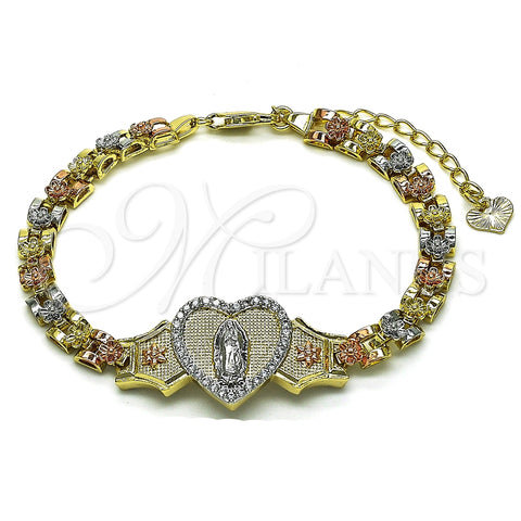 Oro Laminado Fancy Bracelet, Gold Filled Style Guadalupe and Heart Design, with White Micro Pave, Polished, Tricolor, 03.253.0085.07 (06 MM Thickness, 7 Inches Length)