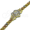 Oro Laminado Fancy Bracelet, Gold Filled Style Elephant and Heart Design, with White and Ruby Micro Pave, Polished, Tricolor, 03.253.0086.08 (06 MM Thickness, 8 Inches Length)