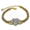 Oro Laminado Fancy Bracelet, Gold Filled Style Elephant and Heart Design, with White and Ruby Micro Pave, Polished, Tricolor, 03.253.0086.08 (06 MM Thickness, 8 Inches Length)