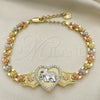 Oro Laminado Fancy Bracelet, Gold Filled Style Elephant and Heart Design, with White and Ruby Micro Pave, Polished, Tricolor, 03.253.0086.08 (06 MM Thickness, 8 Inches Length)