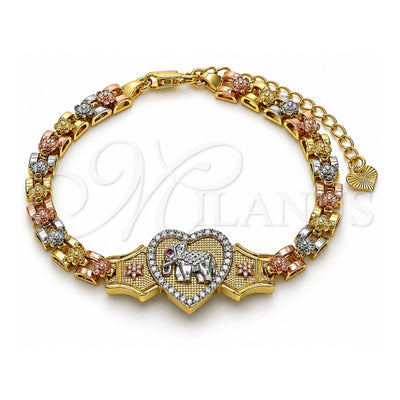Oro Laminado Fancy Bracelet, Gold Filled Style Elephant and Heart Design, with White and Ruby Micro Pave, Polished, Tricolor, 03.253.0086.08 (06 MM Thickness, 8 Inches Length)