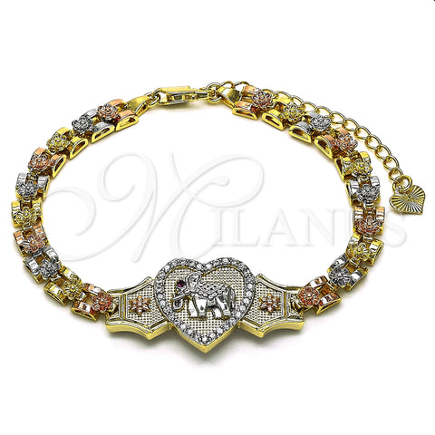 Oro Laminado Fancy Bracelet, Gold Filled Style Elephant and Heart Design, with White and Ruby Micro Pave, Polished, Tricolor, 03.253.0086.08 (06 MM Thickness, 8 Inches Length)