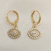 Oro Laminado Dangle Earring, Gold Filled Style Evil Eye Design, with White Micro Pave, Polished, Golden Finish, 02.253.0047