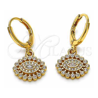 Oro Laminado Dangle Earring, Gold Filled Style Evil Eye Design, with White Micro Pave, Polished, Golden Finish, 02.253.0047
