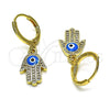 Oro Laminado Dangle Earring, Gold Filled Style Hand of God and Evil Eye Design, with White Micro Pave, Turquoise Enamel Finish, Golden Finish, 02.253.0051