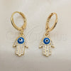 Oro Laminado Dangle Earring, Gold Filled Style Hand of God and Evil Eye Design, with White Micro Pave, Turquoise Enamel Finish, Golden Finish, 02.253.0051