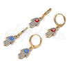 Oro Laminado Dangle Earring, Gold Filled Style Hand of God and Evil Eye Design, with White Micro Pave, Turquoise Enamel Finish, Golden Finish, 02.253.0051