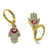 Oro Laminado Dangle Earring, Gold Filled Style Hand of God and Evil Eye Design, with White Micro Pave, Red Enamel Finish, Golden Finish, 02.253.0051.1