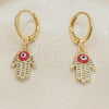 Oro Laminado Dangle Earring, Gold Filled Style Hand of God and Evil Eye Design, with White Micro Pave, Red Enamel Finish, Golden Finish, 02.253.0051.1