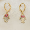 Oro Laminado Dangle Earring, Gold Filled Style Hand of God and Evil Eye Design, with White Micro Pave, Red Enamel Finish, Golden Finish, 02.253.0051.1