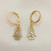 Oro Laminado Dangle Earring, Gold Filled Style Hand of God Design, with White Cubic Zirconia and White Micro Pave, Polished, Golden Finish, 02.253.0052