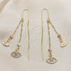 Oro Laminado Threader Earring, Gold Filled Style Evil Eye Design, with White and Amethyst Micro Pave, Polished, Tricolor, 02.253.0057
