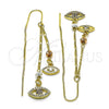 Oro Laminado Threader Earring, Gold Filled Style Evil Eye Design, with White and Amethyst Micro Pave, Polished, Tricolor, 02.253.0057