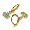 Oro Laminado Dangle Earring, Gold Filled Style Crown and Cross Design, with White Micro Pave, Polished, Golden Finish, 02.253.0063