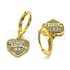 Oro Laminado Dangle Earring, Gold Filled Style Heart Design, with White Micro Pave, Polished, Golden Finish, 02.253.0064