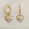 Oro Laminado Dangle Earring, Gold Filled Style Heart Design, with White Micro Pave, Polished, Golden Finish, 02.253.0064