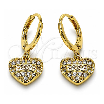 Oro Laminado Dangle Earring, Gold Filled Style Heart Design, with White Micro Pave, Polished, Golden Finish, 02.253.0064