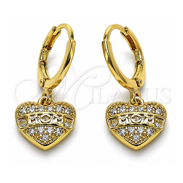 Oro Laminado Dangle Earring, Gold Filled Style Heart Design, with White Micro Pave, Polished, Golden Finish, 02.253.0064