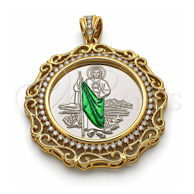 Oro Laminado Religious Pendant, Gold Filled Style San Judas and Centenario Coin Design, with White Cubic Zirconia, Polished, Two Tone, 05.380.0161