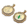 Oro Laminado Religious Pendant, Gold Filled Style San Judas and Centenario Coin Design, with White Cubic Zirconia, Polished, Two Tone, 05.380.0161
