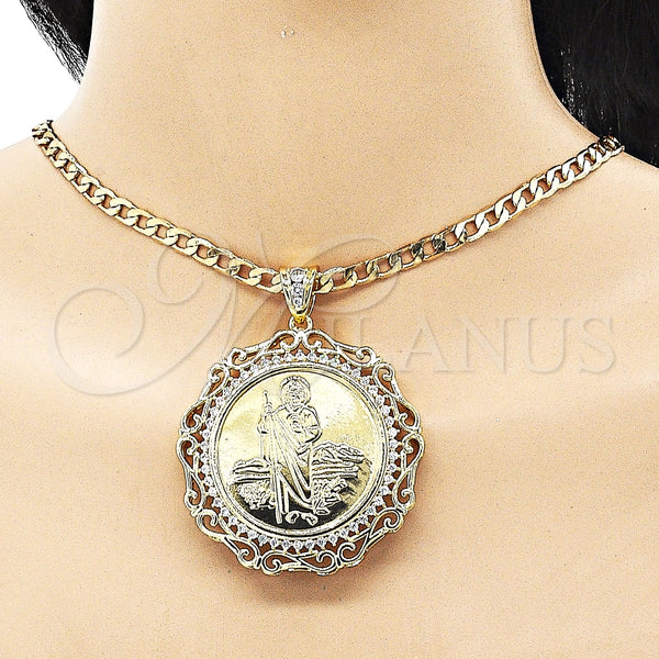 Oro Laminado Religious Pendant, Gold Filled Style Centenario Coin and San Judas Design, with White Cubic Zirconia, Polished, Golden Finish, 05.380.0161.1