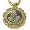 Oro Laminado Religious Pendant, Gold Filled Style Centenario Coin and San Judas Design, with White Cubic Zirconia, Polished, Golden Finish, 05.380.0161.1