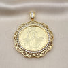Oro Laminado Religious Pendant, Gold Filled Style Centenario Coin and San Judas Design, with White Cubic Zirconia, Polished, Golden Finish, 05.380.0161.1