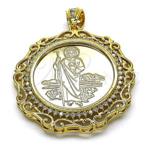 Oro Laminado Religious Pendant, Gold Filled Style Centenario Coin and San Judas Design, with White Cubic Zirconia, Polished, Golden Finish, 05.380.0161.1