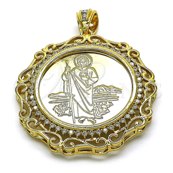 Oro Laminado Religious Pendant, Gold Filled Style Centenario Coin and San Judas Design, with White Cubic Zirconia, Polished, Golden Finish, 05.380.0161.1
