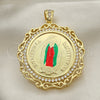 Oro Laminado Religious Pendant, Gold Filled Style Guadalupe and Centenario Coin Design, with White Cubic Zirconia, Polished, Tricolor, 05.380.0162