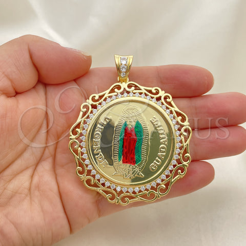 Oro Laminado Religious Pendant, Gold Filled Style Guadalupe and Centenario Coin Design, with White Cubic Zirconia, Polished, Tricolor, 05.380.0162