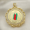 Oro Laminado Religious Pendant, Gold Filled Style Guadalupe and Centenario Coin Design, with White Cubic Zirconia, Polished, Tricolor, 05.380.0162