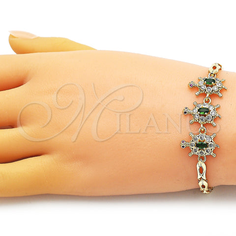 Oro Laminado Fancy Bracelet, Gold Filled Style Turtle and Fish Design, with Green and White Cubic Zirconia, Polished, Golden Finish, 03.284.0024.07 (04 MM Thickness, 7 Inches Length)