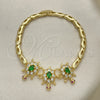 Oro Laminado Fancy Bracelet, Gold Filled Style Turtle and Fish Design, with Green and White Cubic Zirconia, Polished, Golden Finish, 03.284.0024.07 (04 MM Thickness, 7 Inches Length)