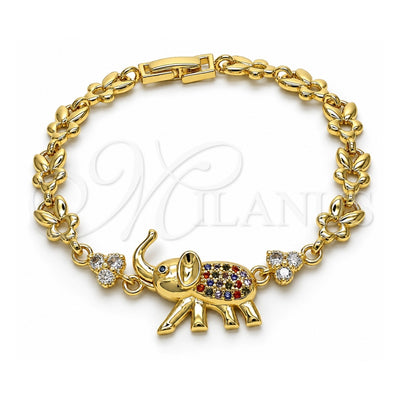 Oro Laminado Fancy Bracelet, Gold Filled Style Elephant and Leaf Design, with Multicolor Micro Pave and White Cubic Zirconia, Polished, Golden Finish, 03.284.0025.1.07 (07 MM Thickness, 7 Inches Length)