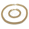 Oro Laminado Necklace and Bracelet, Gold Filled Style Concave Cuban Design, Polished, Golden Finish, 06.372.0056
