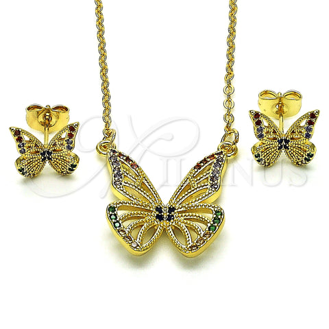 Oro Laminado Earring and Pendant Adult Set, Gold Filled Style Butterfly and Rolo Design, with Multicolor Micro Pave, Polished, Golden Finish, 10.196.0074.1