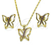 Oro Laminado Earring and Pendant Adult Set, Gold Filled Style Butterfly Design, with Ruby Micro Pave, Polished, Golden Finish, 10.196.0075