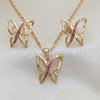 Oro Laminado Earring and Pendant Adult Set, Gold Filled Style Butterfly Design, with Ruby Micro Pave, Polished, Golden Finish, 10.196.0075