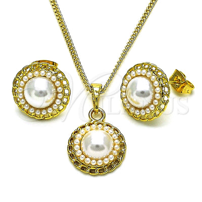 Oro Laminado Earring and Pendant Adult Set, Gold Filled Style Flower Design, with Ivory Pearl, Polished, Golden for wholesale, main product view