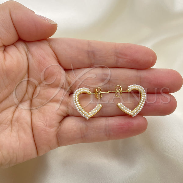Oro Laminado Stud Earring, Gold Filled Style Heart Design, with Ivory Pearl, Polished, Golden Finish, 02.379.0028