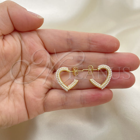 Oro Laminado Stud Earring, Gold Filled Style Heart Design, with Ivory Pearl, Polished, Golden Finish, 02.379.0028