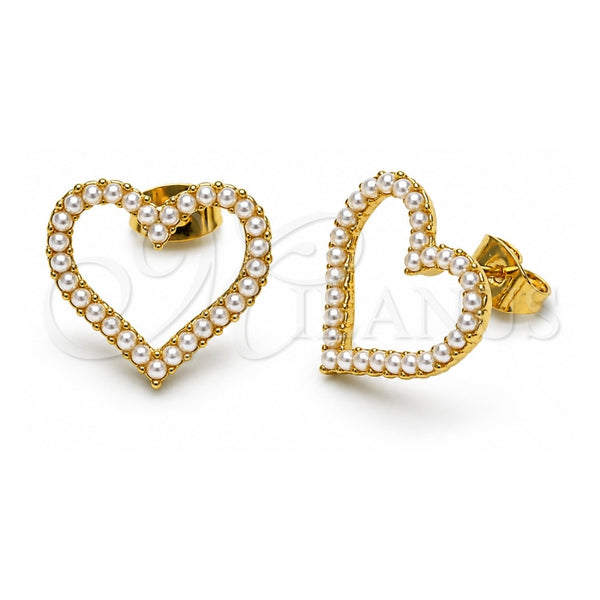 Oro Laminado Stud Earring, Gold Filled Style Heart Design, with Ivory Pearl, Polished, Golden Finish, 02.379.0032