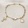 Oro Laminado Charm Bracelet, Gold Filled Style Guadalupe and Crucifix Design, Diamond Cutting Finish, Tricolor, 03.253.0087.08