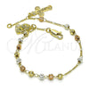 Oro Laminado Charm Bracelet, Gold Filled Style Jesus and Crucifix Design, Diamond Cutting Finish, Tricolor, 03.253.0088.08 (04 MM Thickness, 8 Inches Length)