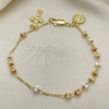 Oro Laminado Charm Bracelet, Gold Filled Style San Judas and Crucifix Design, Diamond Cutting Finish, Tricolor, 03.253.0090.08
